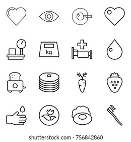 Thin line icon set : heart, eye, cell corection, warehouse scales, heavy, hospital, drop, toaster, pancakes, carrot, strawberry, hand, ecology, soap, tooth brush