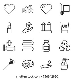 Thin line icon set : heart, bio, cargo stoller, lipstick, real estate, top sign, uv cream, hospital, towel, pills bottle, recycling, rake, sponge with foam, hand and drop, liquid soap