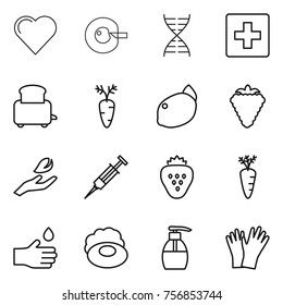 Thin line icon set : heart, cell corection, dna, first aid, toaster, carrot, lemon, berry, hand leaf, syringe, strawberry, drop, soap, liquid, gloves