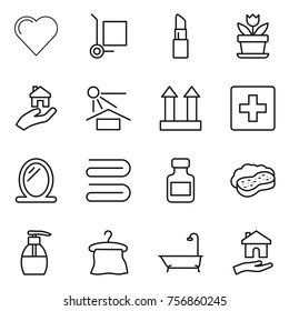 Thin line icon set : heart, cargo stoller, lipstick, flower, real estate, sun potection, top sign, first aid, mirror, towel, pills bottle, sponge with foam, liquid soap, hanger, bath, housing