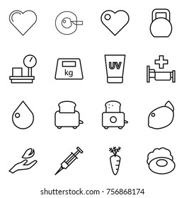 Thin line icon set : heart, cell corection, heavy, warehouse scales, uv cream, hospital, drop, toaster, lemon, hand leaf, syringe, carrot, soap