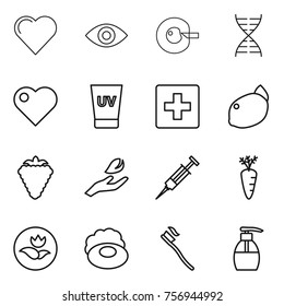 Thin line icon set : heart, eye, cell corection, dna, uv cream, first aid, lemon, berry, hand leaf, syringe, carrot, ecology, soap, tooth brush, liquid