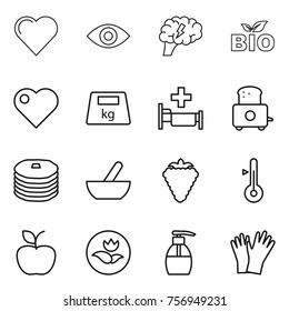 Thin line icon set : heart, eye, brain, bio, heavy, hospital, toaster, pancakes, mortar, berry, thermometer, apple, ecology, liquid soap, gloves