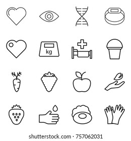 Thin line icon set : heart, eye, dna, smart bracelet, heavy, hospital, bucket, carrot, berry, apple, hand leaf, strawberry, drop, soap, gloves