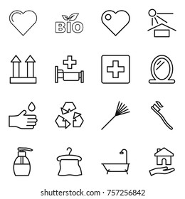 Thin line icon set : heart, bio, sun potection, cargo top sign, hospital, first aid, mirror, hand drop, recycling, rake, tooth brush, liquid soap, hanger, bath, housing