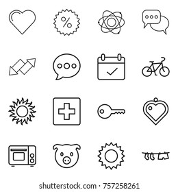 Thin line icon set : heart, percent, atom, discussion, up down arrow, balloon, terms, bike, sun, first aid, key, pendant, grill oven, pig, drying clothe