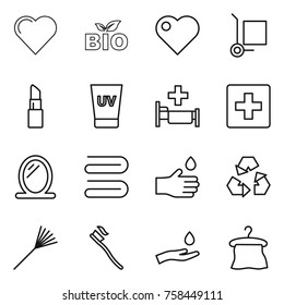Thin line icon set : heart, bio, cargo stoller, lipstick, uv cream, hospital, first aid, mirror, towel, hand drop, recycling, rake, tooth brush, and, hanger