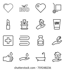 Thin line icon set : heart, bio, cargo stoller, lipstick, flower, real estate, uv cream, first aid, towel, pills bottle, hand leaf, drop, and, bath, housing