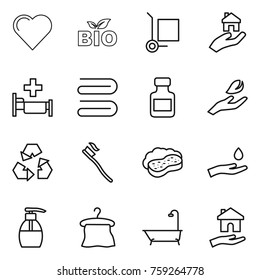 Thin line icon set : heart, bio, cargo stoller, real estate, hospital, towel, pills bottle, hand leaf, recycling, tooth brush, sponge with foam, and drop, liquid soap, hanger, bath, housing
