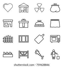 Thin line icon set : heart, warehouse, nuclear, purse, shop, hi quality package, service bell, curtain, fence, window, cutting board, grill oven, seedling, farm, blower, garbage bin