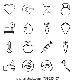 Thin line icon set : heart, cell corection, dna, heavy, warehouse scales, drop, carrot, berry, thermometer, apple, syringe, hand, ecology, soap, tooth brush