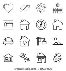 Thin line icon set : heart, up down arrow, round around, sun power, nano tube, home, info, building helmet, smart house, loading, landscape, pets, microb