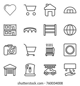 Thin line icon set : heart, cart, home, hangare, modular house, bridge, rack, globe, camera, radiator, ring button, garage, kettle, car wash, hand dryer
