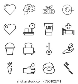 Thin line icon set : heart, brain, bio, cell corection, warehouse scales, uv cream, hospital, bucket, toaster, thermometer, hand leaf, carrot, drop, soap, tooth brush