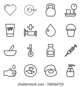 Thin line icon set : heart, cell corection, heavy, warehouse scales, uv cream, hospital, drop, bucket, mortar, thermometer, pills bottle, syringe, hand, ecology, soap, liquid
