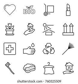 Thin line icon set : heart, bio, cargo stoller, lipstick, flower, real estate, sun potection, top sign, first aid, hand drop, recycling, rake, tooth brush, sponge with foam, hanger, housing
