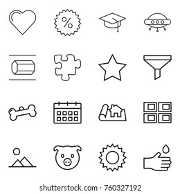Thin line icon set : heart, percent, graduate hat, ufo, nano tube, puzzle, star, funnel, bone, calendar, project, panel house, landscape, pig, sun, hand drop
