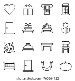 Thin line icon set : heart, gift, column, building, door, fountain, flower bed, perishable, disco ball, service bell, table, chair, crib, horseshoe, pumpkin