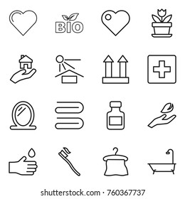 Thin line icon set : heart, bio, flower, real estate, sun potection, cargo top sign, first aid, mirror, towel, pills bottle, hand leaf, drop, tooth brush, hanger, bath