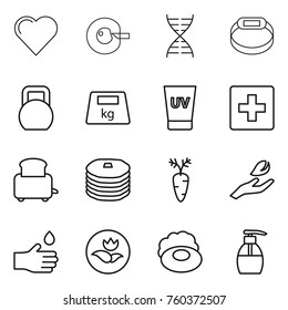 Thin line icon set : heart, cell corection, dna, smart bracelet, heavy, uv cream, first aid, toaster, pancakes, carrot, hand leaf, drop, ecology, soap, liquid