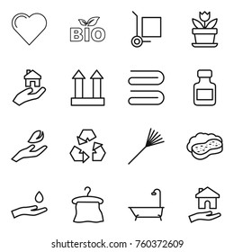 Thin line icon set : heart, bio, cargo stoller, flower, real estate, top sign, towel, pills bottle, hand leaf, recycling, rake, sponge with foam, and drop, hanger, bath, housing