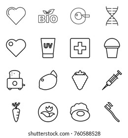 Thin line icon set : heart, bio, cell corection, dna, uv cream, first aid, bucket, toaster, lemon, berry, syringe, carrot, ecology, soap, tooth brush
