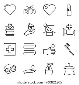 Thin line icon set : heart, bio, lipstick, flower, real estate, sun potection, hospital, first aid, towel, hand drop, tooth brush, sponge with foam, and, liquid soap, hanger