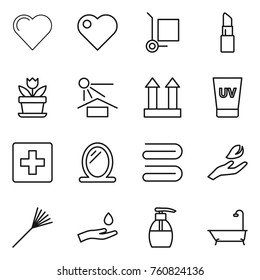 Thin line icon set : heart, cargo stoller, lipstick, flower, sun potection, top sign, uv cream, first aid, mirror, towel, hand leaf, rake, and drop, liquid soap, bath