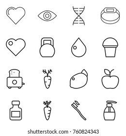 Thin line icon set : heart, eye, dna, smart bracelet, heavy, drop, bucket, toaster, carrot, lemon, apple, pills bottle, tooth brush, liquid soap