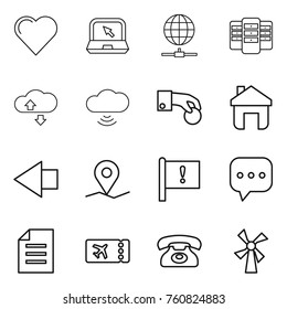 Thin line icon set : heart, notebook, globe connect, server, cloude service, cloud wireless, hand coin, home, left arrow, geo pin, important flag, sms, document, ticket, phone, windmill