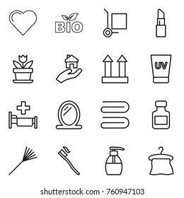 Thin line icon set : heart, bio, cargo stoller, lipstick, flower, real estate, top sign, uv cream, hospital, mirror, towel, pills bottle, rake, tooth brush, liquid soap, hanger