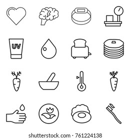 Thin line icon set : heart, brain, smart bracelet, warehouse scales, uv cream, drop, toaster, pancakes, carrot, mortar, thermometer, hand, ecology, soap, tooth brush