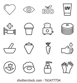Thin line icon set : heart, eye, bio, uv cream, hospital, bucket, toaster, pancakes, mortar, berry, carrot, hand drop, ecology, soap, liquid, gloves