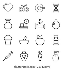 Thin line icon set : heart, bio, cell corection, dna, heavy, warehouse scales, hospital, drop, bucket, mortar, apple, pills bottle, syringe, strawberry, carrot, liquid soap