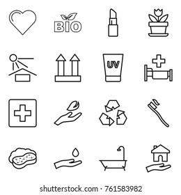Thin line icon set : heart, bio, lipstick, flower, sun potection, cargo top sign, uv cream, hospital, first aid, hand leaf, recycling, tooth brush, sponge with foam, and drop, bath, housing