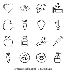 Thin line icon set : heart, eye, brain, hospital, toaster, carrot, berry, thermometer, apple, pills bottle, hand leaf, syringe, ecology, soap, liquid