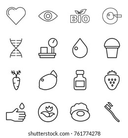 Thin line icon set : heart, eye, bio, cell corection, dna, warehouse scales, drop, bucket, carrot, lemon, pills bottle, strawberry, hand, ecology, soap, tooth brush
