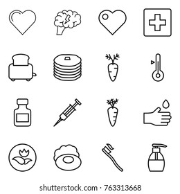 Thin line icon set : heart, brain, first aid, toaster, pancakes, carrot, thermometer, pills bottle, syringe, hand drop, ecology, soap, tooth brush, liquid