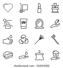 Thin line icon set : heart, cargo stoller, lipstick, flower, sun potection, uv cream, mirror, hand leaf, drop, recycling, rake, tooth brush, sponge with foam, and, hanger, housing