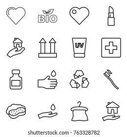 Thin line icon set : heart, bio, lipstick, real estate, cargo top sign, uv cream, first aid, pills bottle, hand drop, recycling, tooth brush, sponge with foam, and, hanger, housing