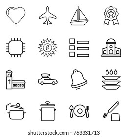 Thin line icon set : heart, plane, boat, medal, chip, sun power, list, mansion, church, car baggage, bell, plate washing, steam pan, fork spoon, toilet brush