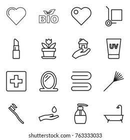 Thin line icon set : heart, bio, cargo stoller, lipstick, flower, real estate, uv cream, first aid, mirror, towel, rake, tooth brush, hand and drop, liquid soap, bath