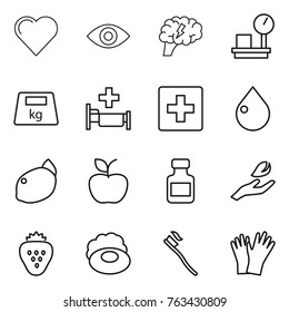 Thin line icon set : heart, eye, brain, warehouse scales, heavy, hospital, first aid, drop, lemon, apple, pills bottle, hand leaf, strawberry, soap, tooth brush, gloves