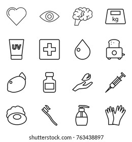 Thin line icon set : heart, eye, brain, heavy, uv cream, first aid, drop, toaster, lemon, pills bottle, hand leaf, syringe, soap, tooth brush, liquid, gloves