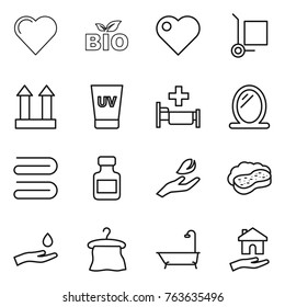 Thin line icon set : heart, bio, cargo stoller, top sign, uv cream, hospital, mirror, towel, pills bottle, hand leaf, sponge with foam, and drop, hanger, bath, housing