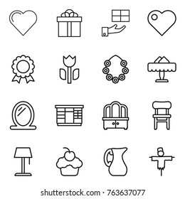 Thin line icon set : heart, gift, medal, perishable, hawaiian wreath, restaurant, mirror, wardrobe, dresser, chair, floor lamp, cupcake, jug, scarecrow
