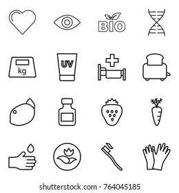 Thin line icon set : heart, eye, bio, dna, heavy, uv cream, hospital, toaster, lemon, pills bottle, strawberry, carrot, hand drop, ecology, tooth brush, gloves
