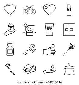 Thin line icon set : heart, bio, lipstick, real estate, sun potection, uv cream, first aid, pills bottle, hand leaf, drop, rake, tooth brush, sponge with foam, and, hanger