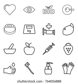 Thin line icon set : heart, eye, bio, cell corection, smart bracelet, heavy, hospital, lemon, mortar, apple, syringe, strawberry, hand drop, tooth brush, liquid soap, gloves