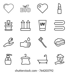 Thin line icon set : heart, bio, lipstick, flower, cargo top sign, uv cream, towel, hand leaf, drop, tooth brush, sponge with foam, liquid soap, hanger, bath, housing